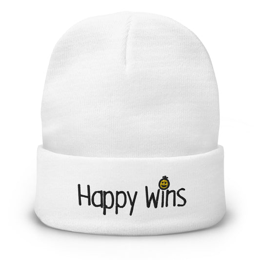 Happy Wins Embroidered Beanie White